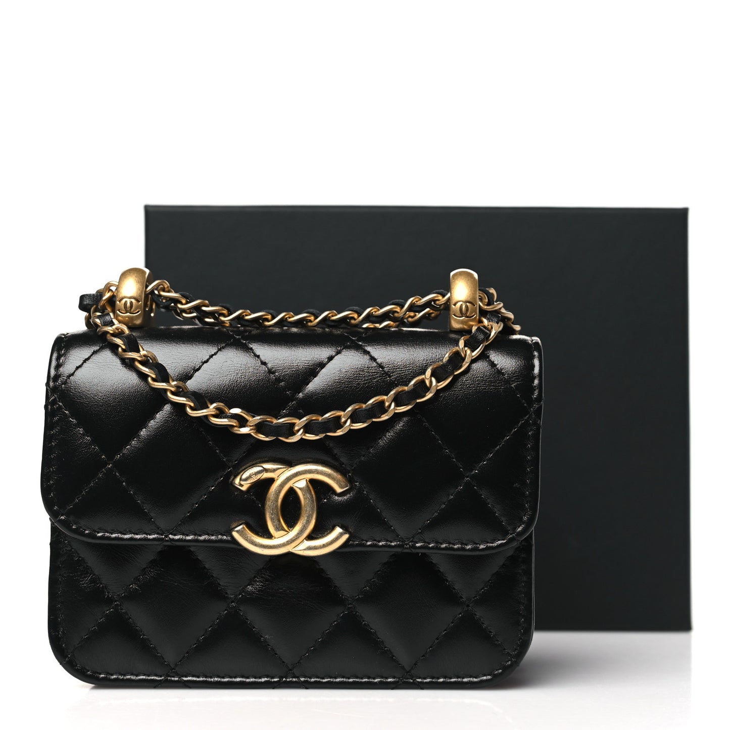 Calfskin Quilted Perfect Fit Coin Purse With Chain Black