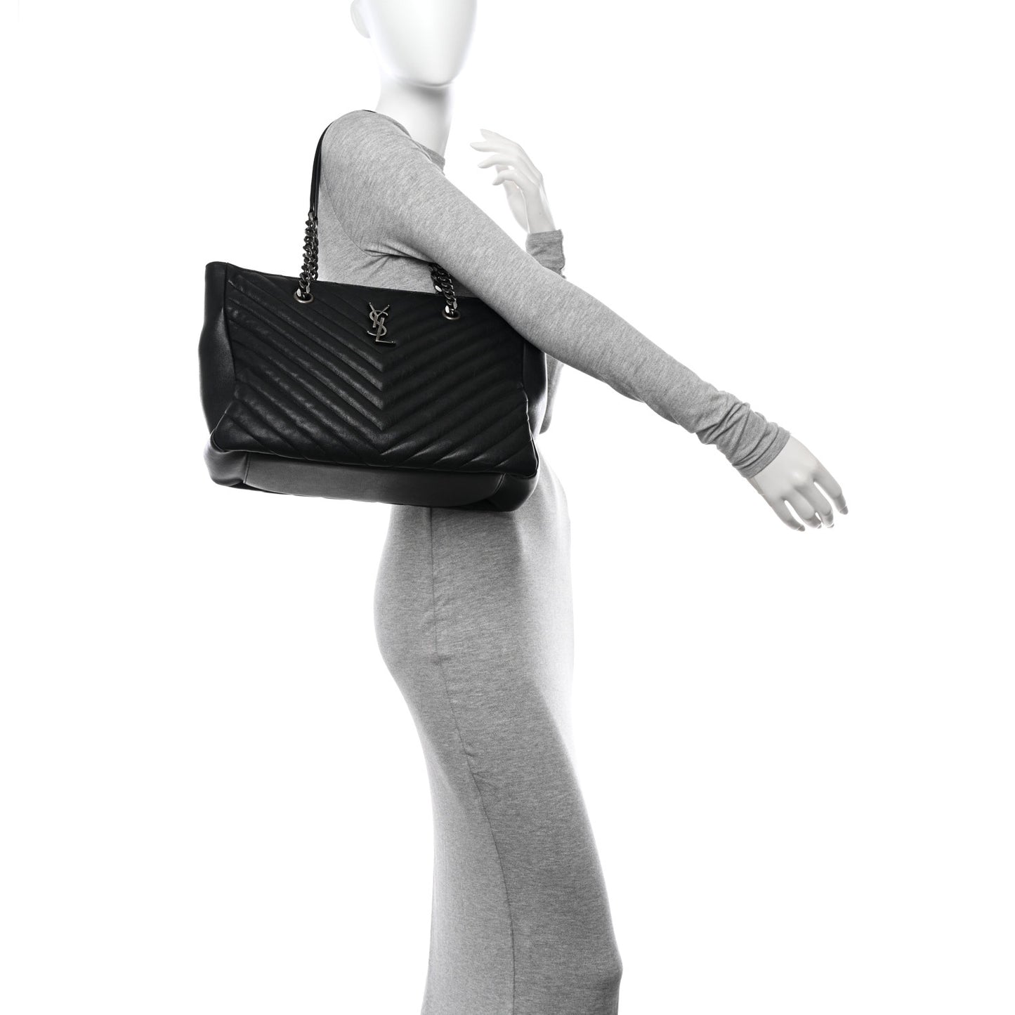 Sheepskin Matelasse Chevron Large Monogram Shopping Bag Black