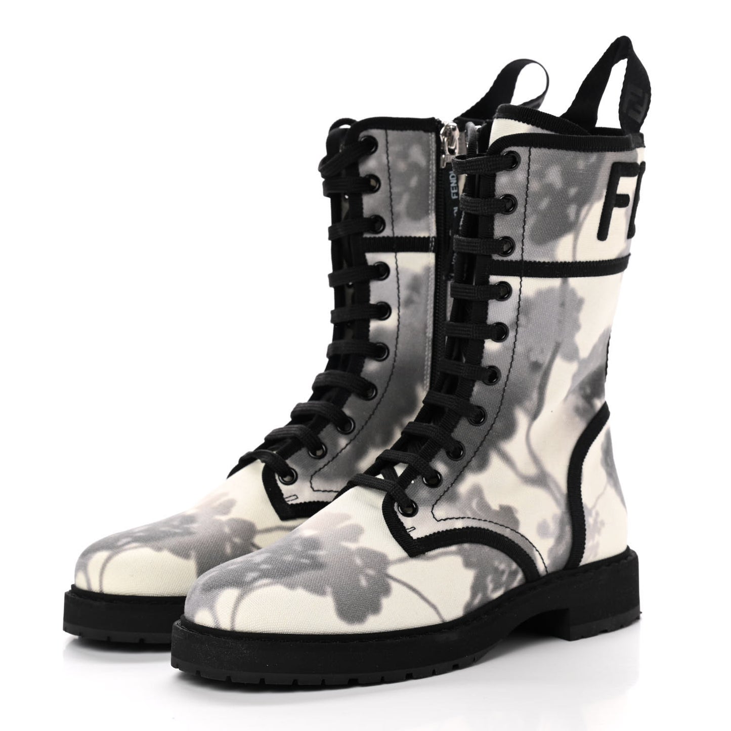 Canvas Floral Print Logo Bi-Color Womens Biker Boots 37 White Black