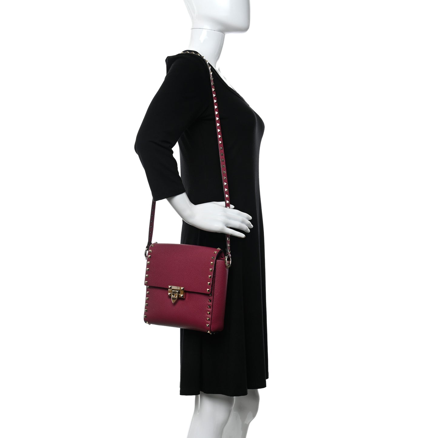 Pebbled Calfskin Rockstud Flip Lock Flap Messenger Raspberry