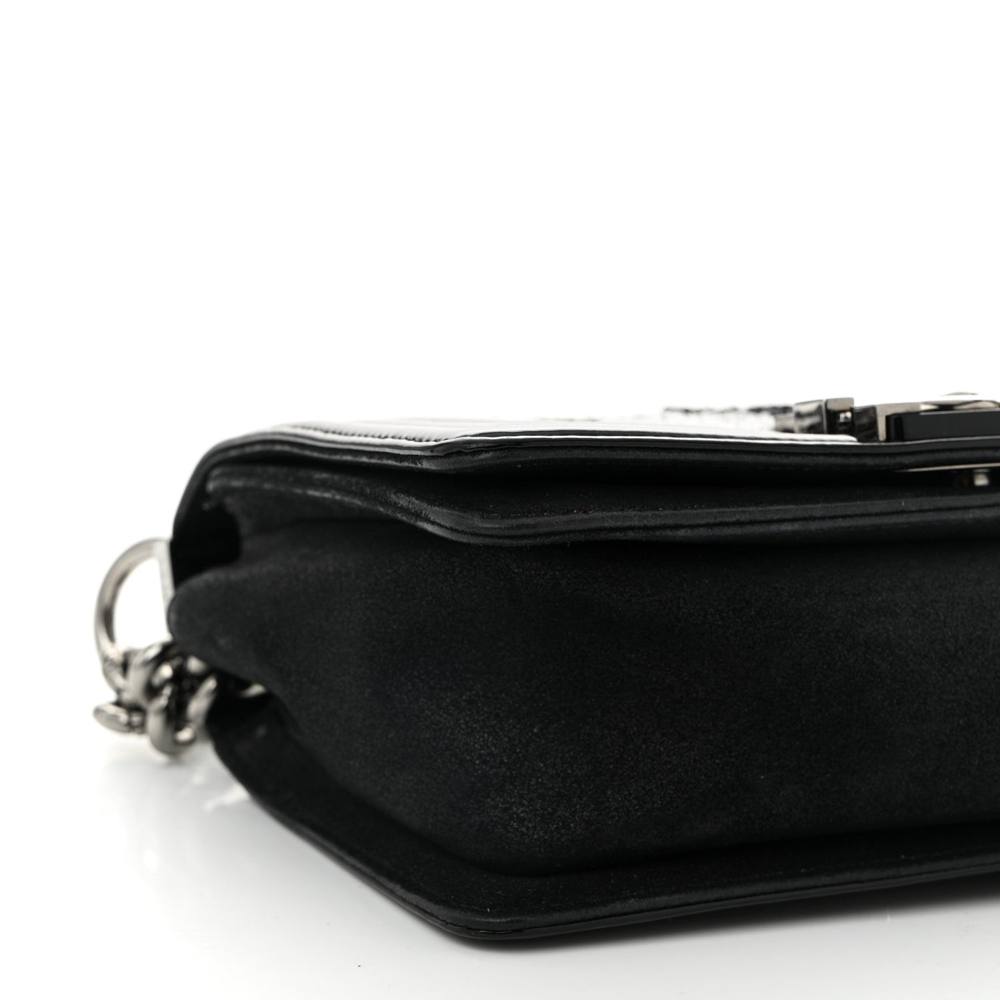 Patent Iridescent Calfskin Sequin Medium Boy Flap Bag Black