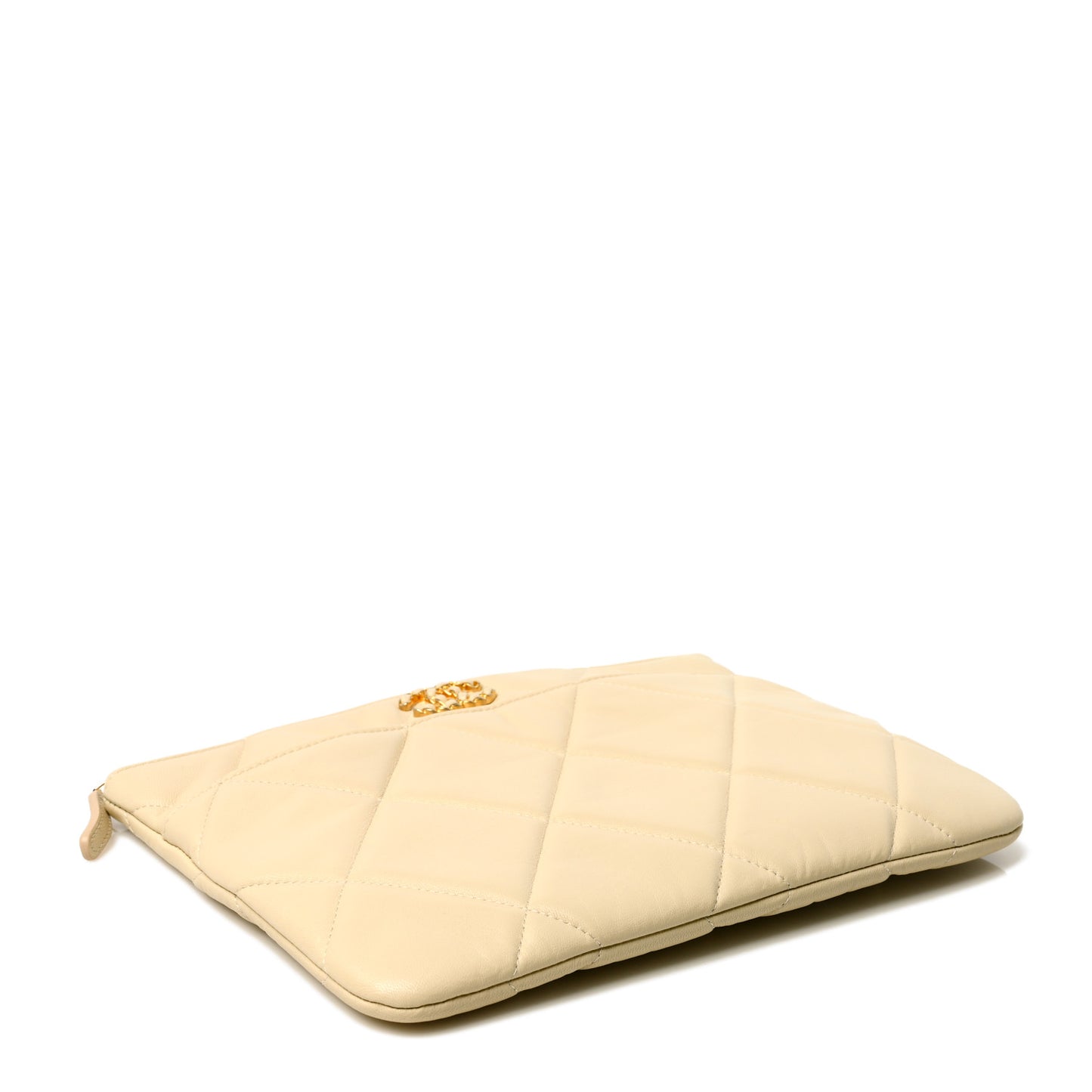 Shiny Goatskin Quilted Chanel 19 Pouch Beige