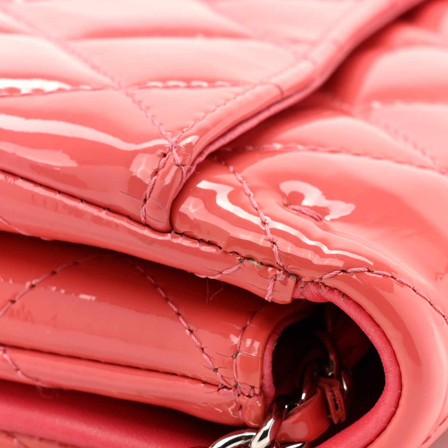 Patent Quilted Clutch with Chain Flap Fuchsia
