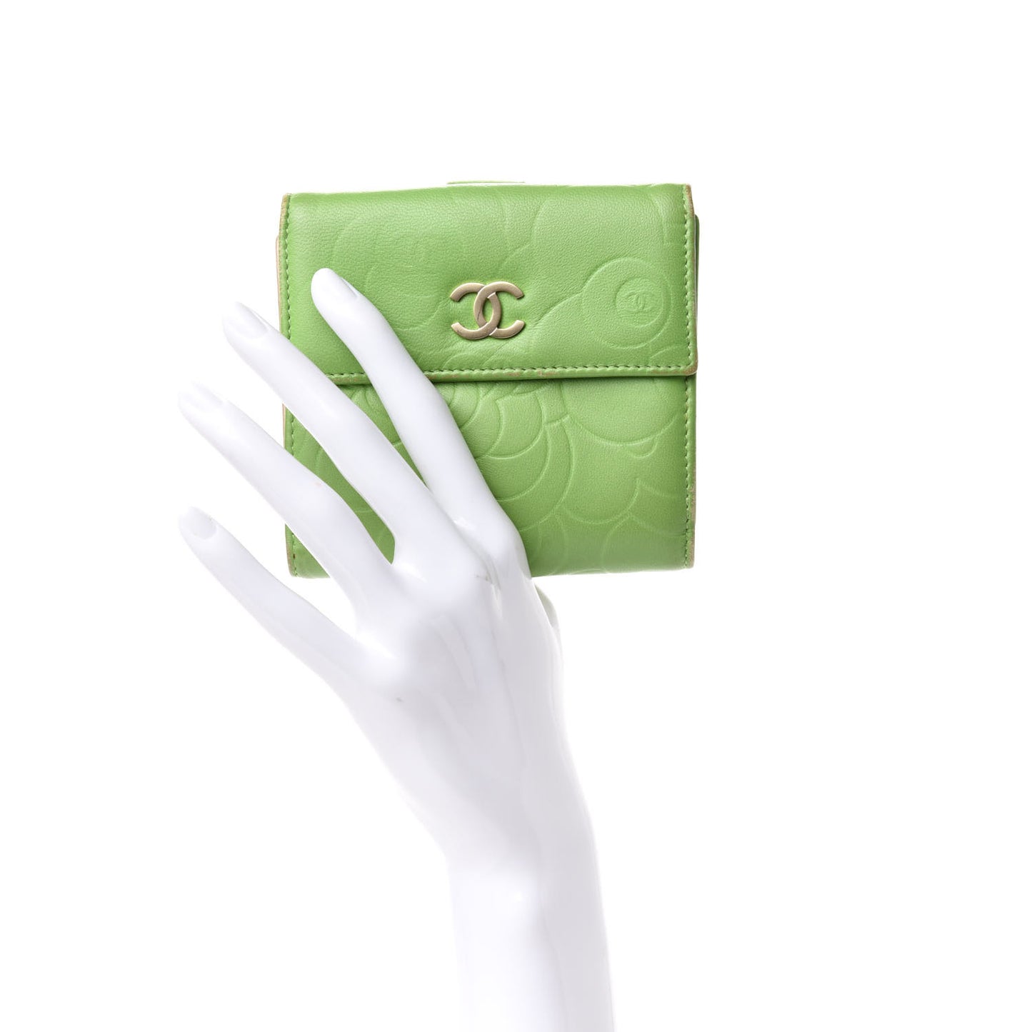 Lambskin Embossed Camellia French Wallet Light Green