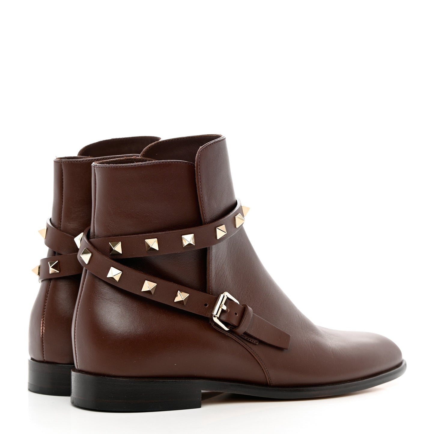 Calfskin Rockstud Buckle Ankle Boots 37 Light Brown