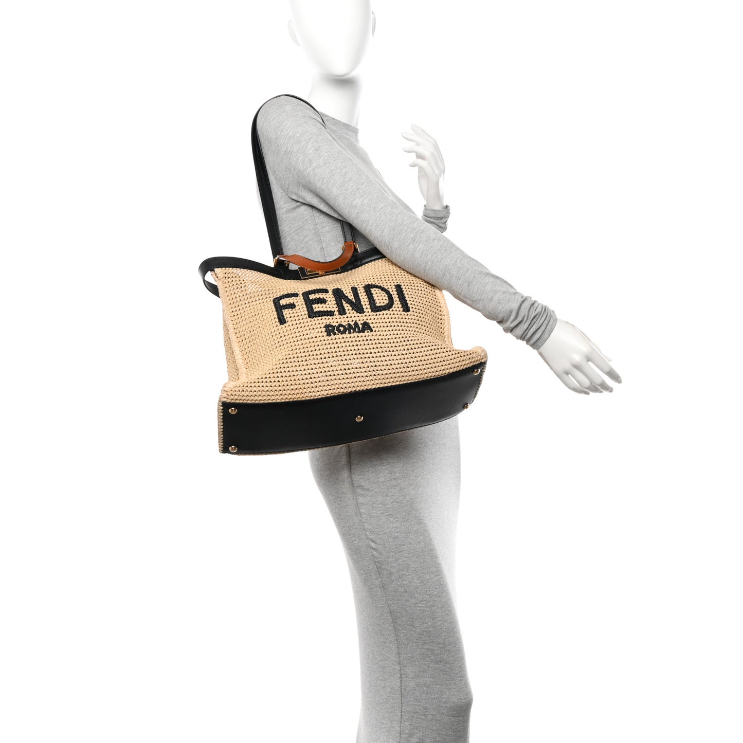 Raffia Vitello King Macrame Mesh Large Peekaboo X-Tote Natural Black Cuoio
