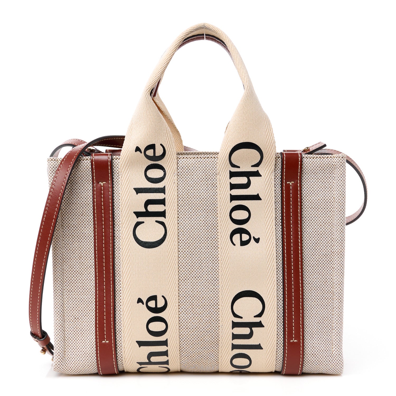 Chloe Cotton Calfskin Small Woody Ribbon Tote With Strap White Brown 1 of 12