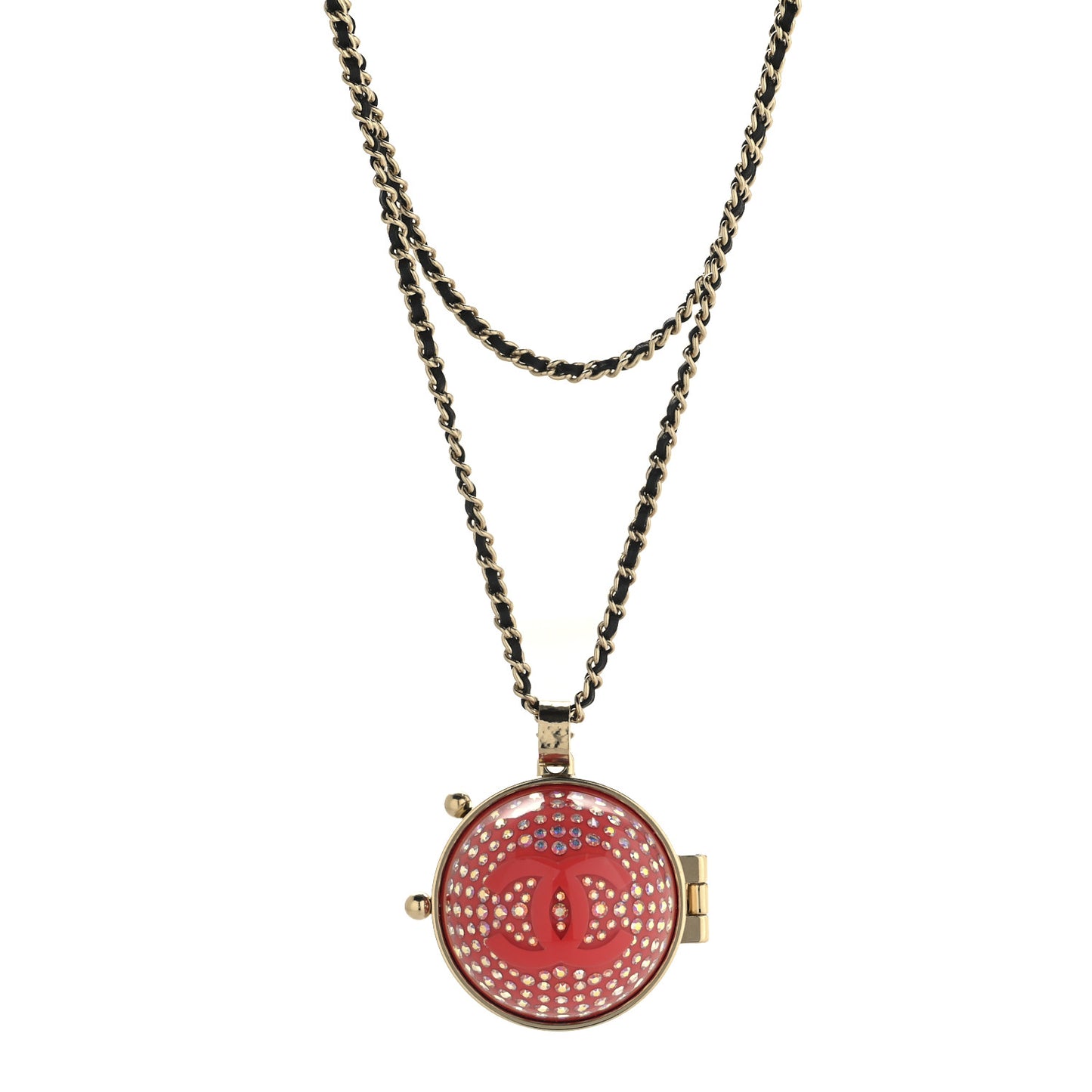 Metal Lambskin CC Crystal Locket Necklace Red