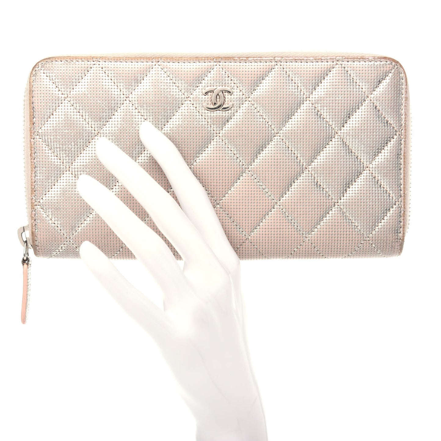 Metallic Calfskin Pixel Effect Quilted Large Zip Around Wallet Gold