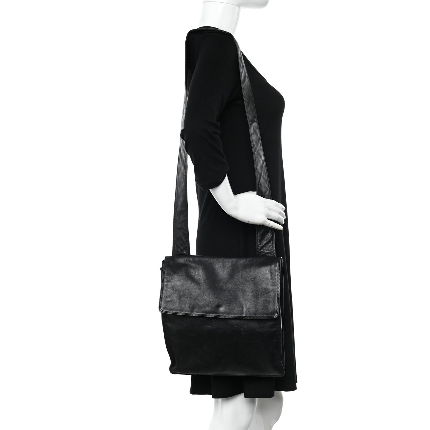 Calfskin Embossed CC Messenger Bag Black