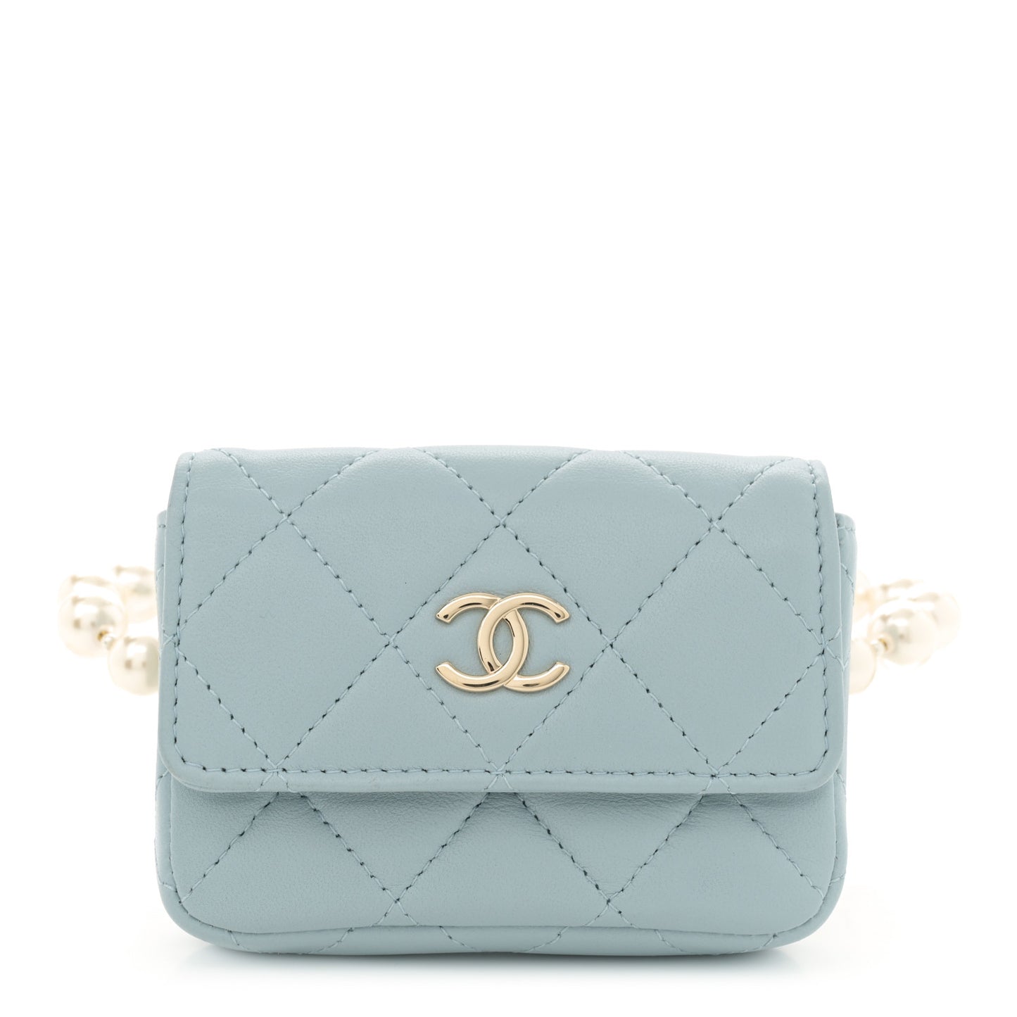 Lambskin Quilted Pearl Chain Belt Bag Light Blue
