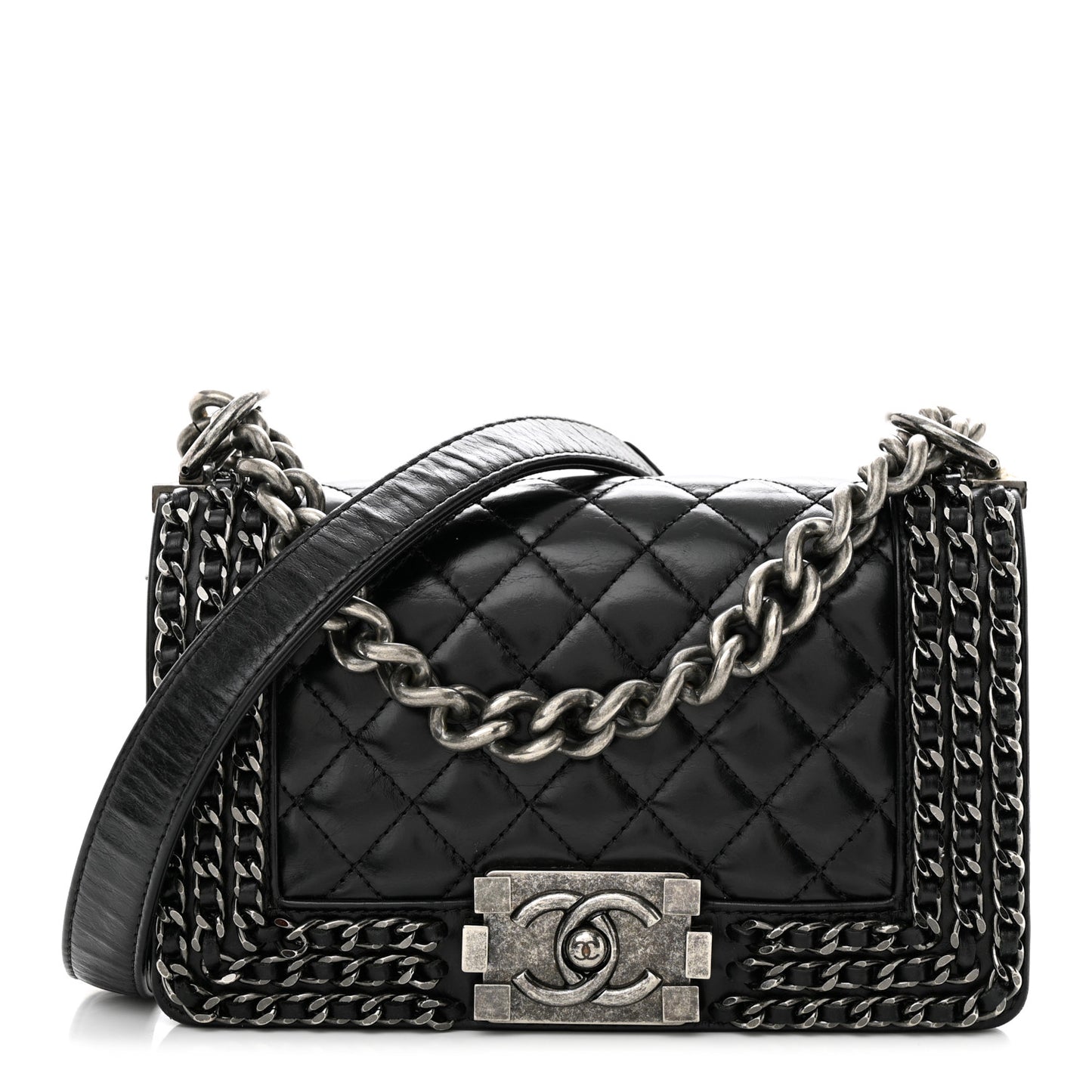 Glazed Calfskin Quilted Small Boy Chained Flap Black