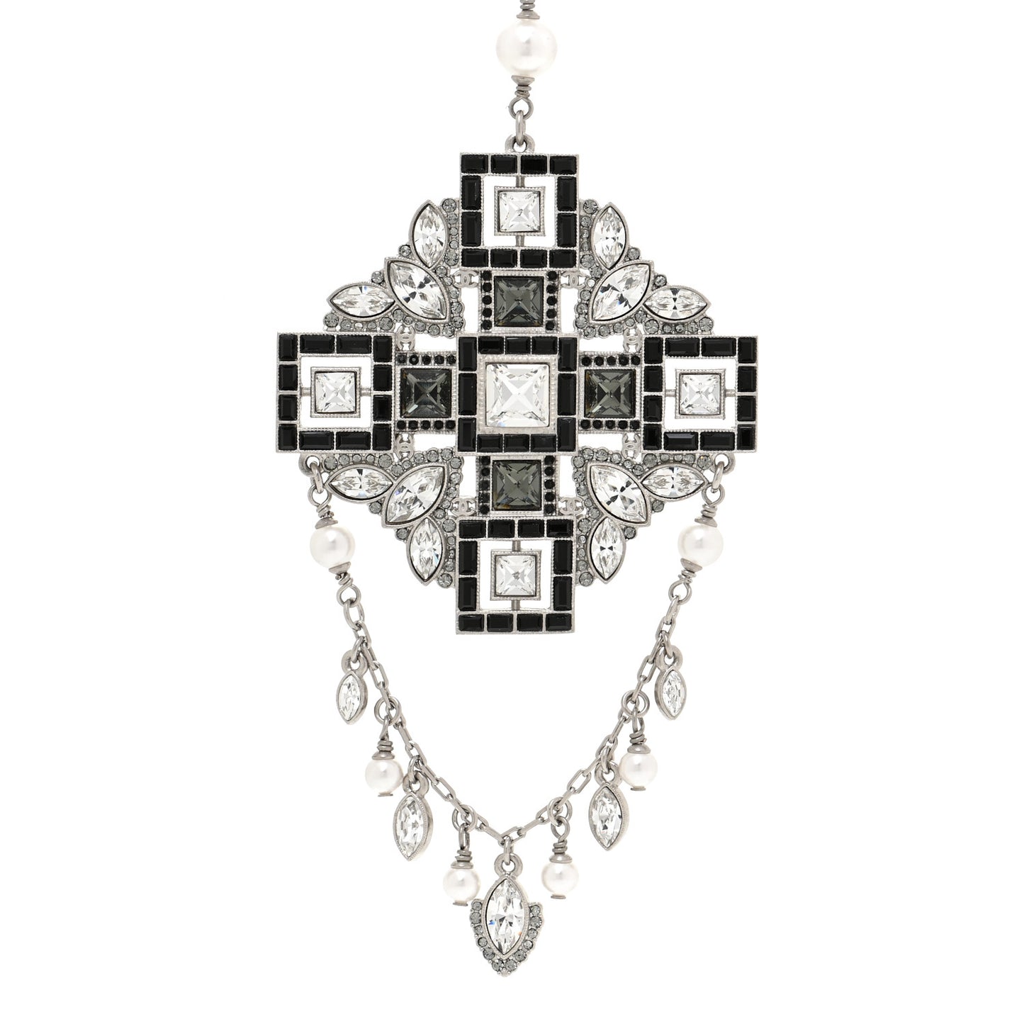 Crystal Strass Pearl CC Necklace Silver Black