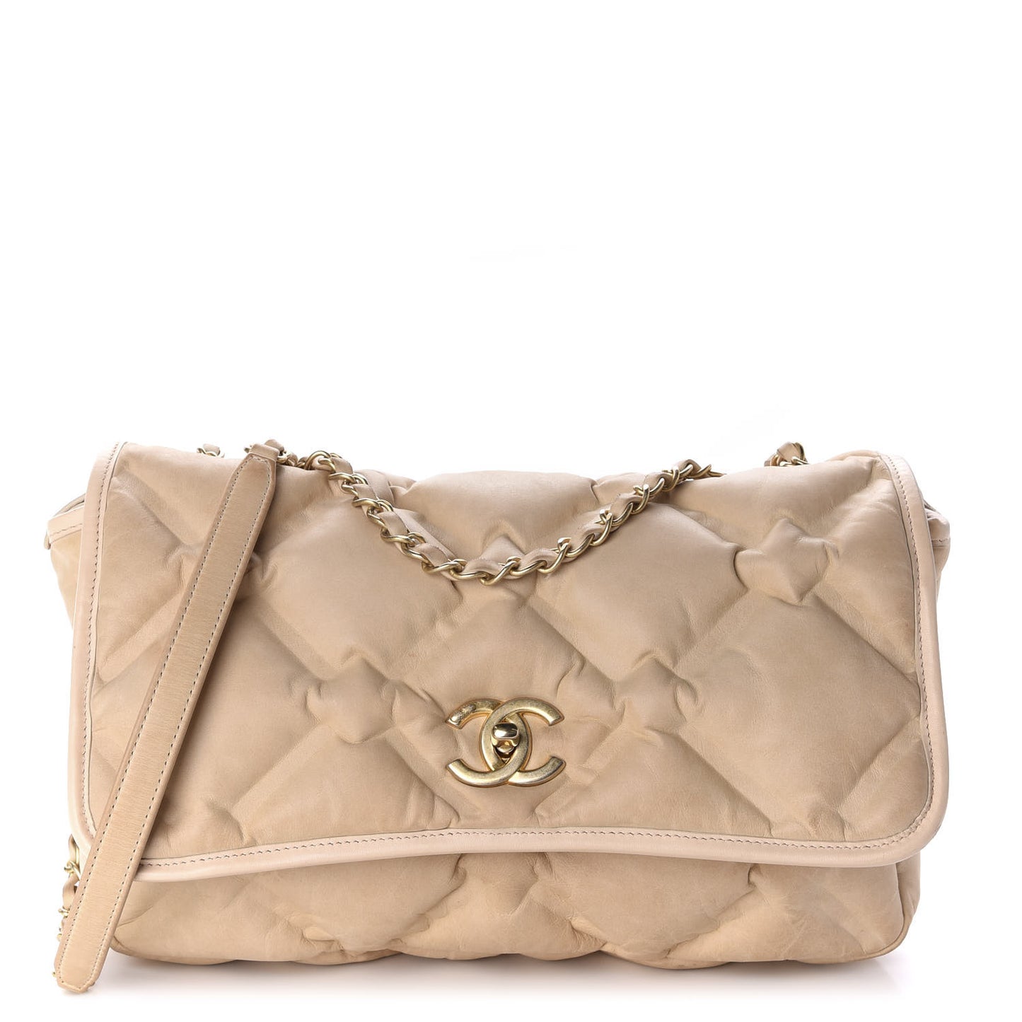 Iridescent Calfskin Quilted Small Chesterfield Flap Light Beige