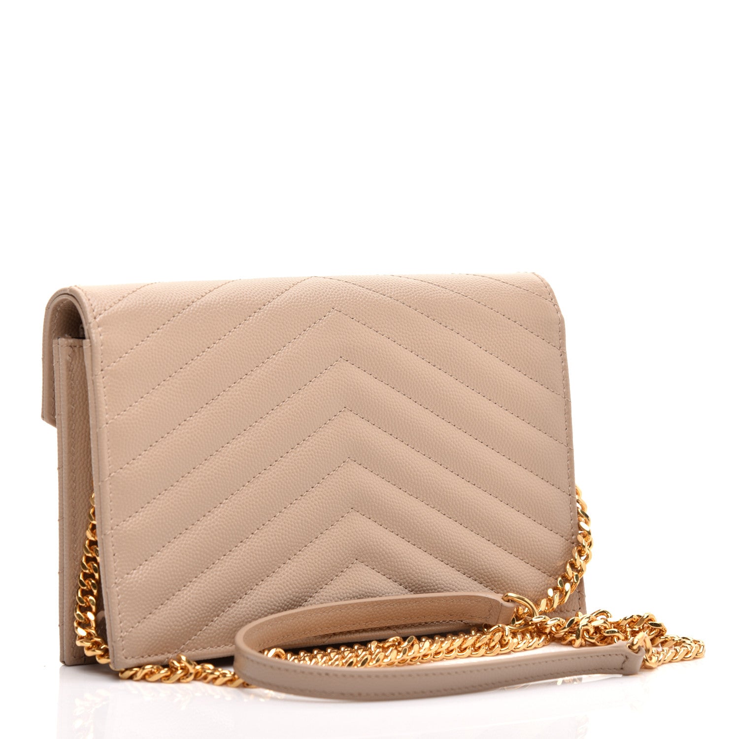 Saint Laurent Grain De Poudre Matelasse Chevron Monogram Envelope Chain Wallet Dark Beige 3 of 10