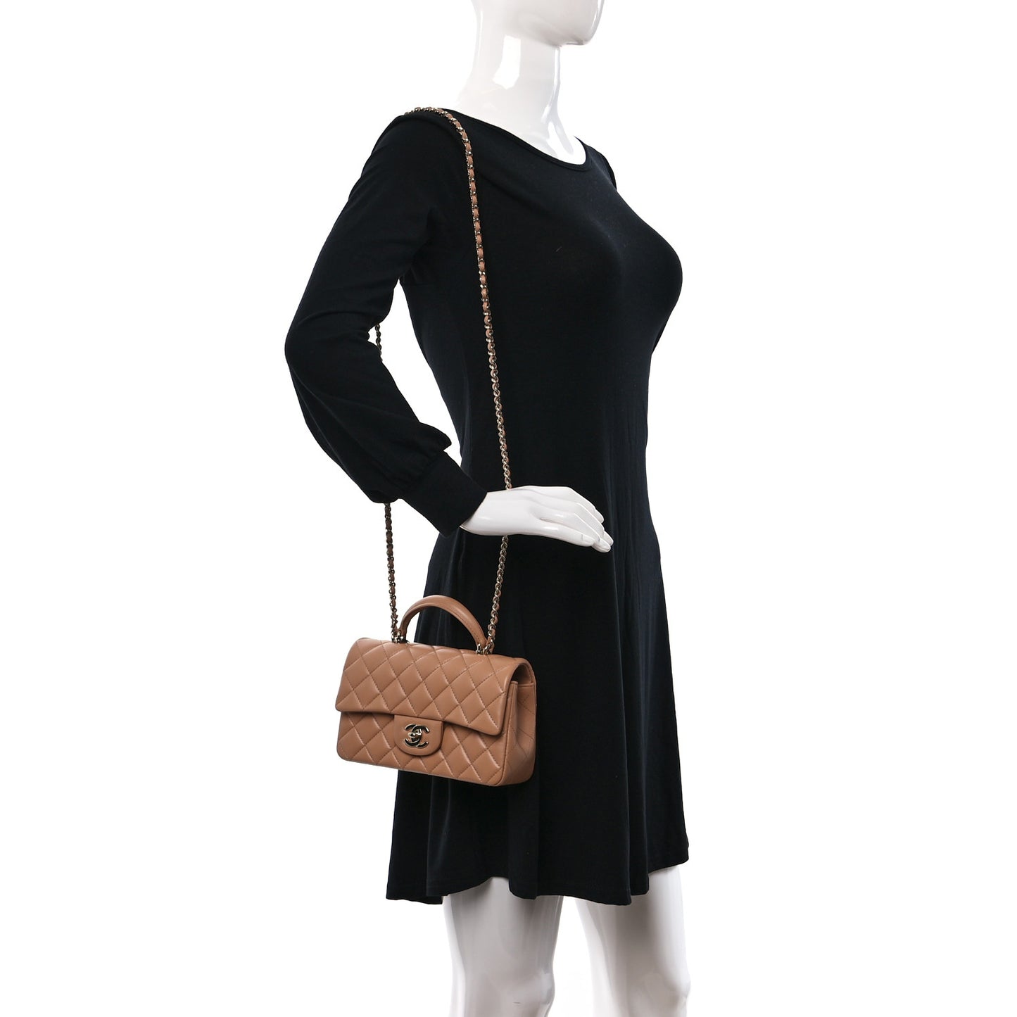 Lambskin Quilted Mini Top Handle Rectangular Flap Beige
