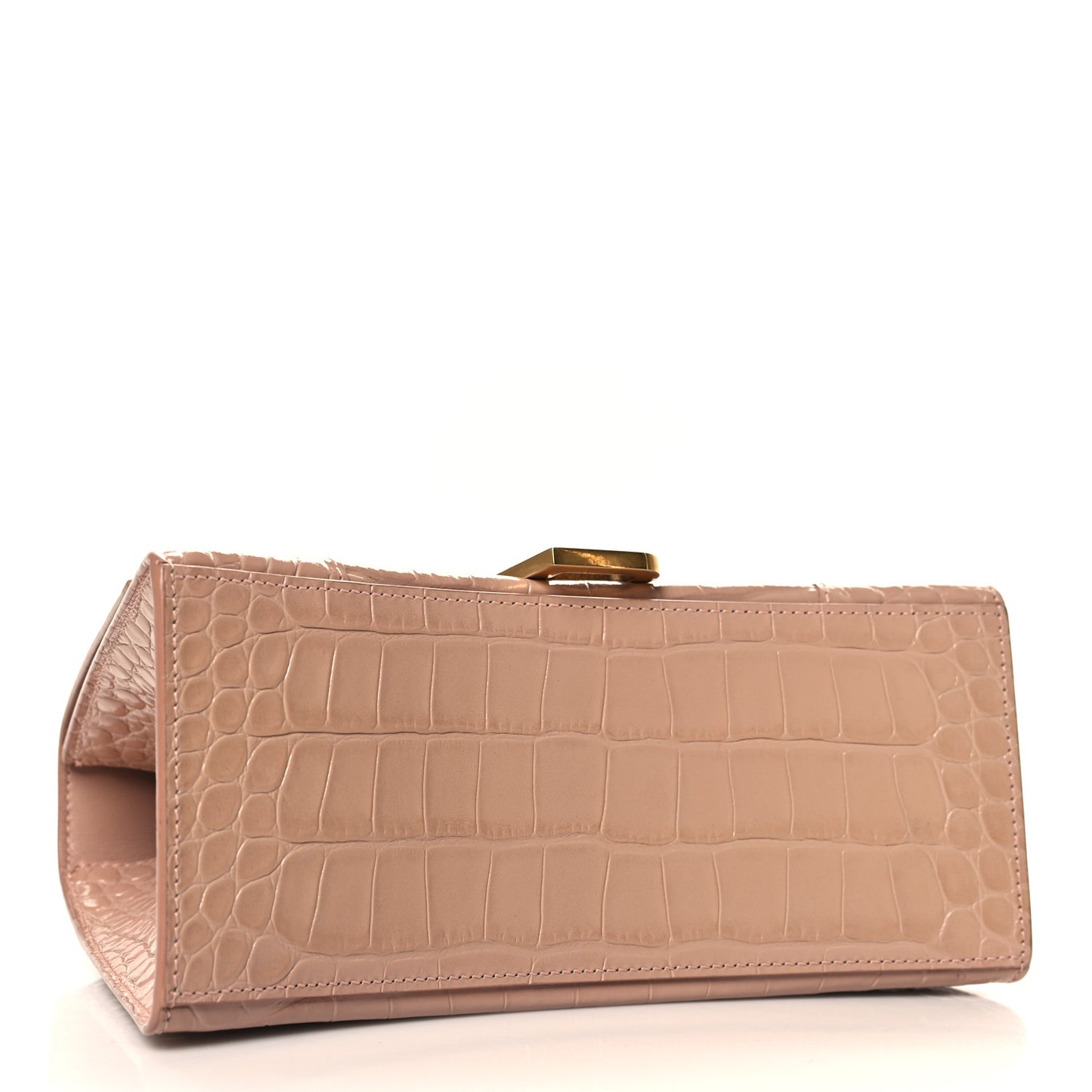 Shiny Calfskin Crocodile Embossed Small Hourglass Top Handle Bag Nude Beige