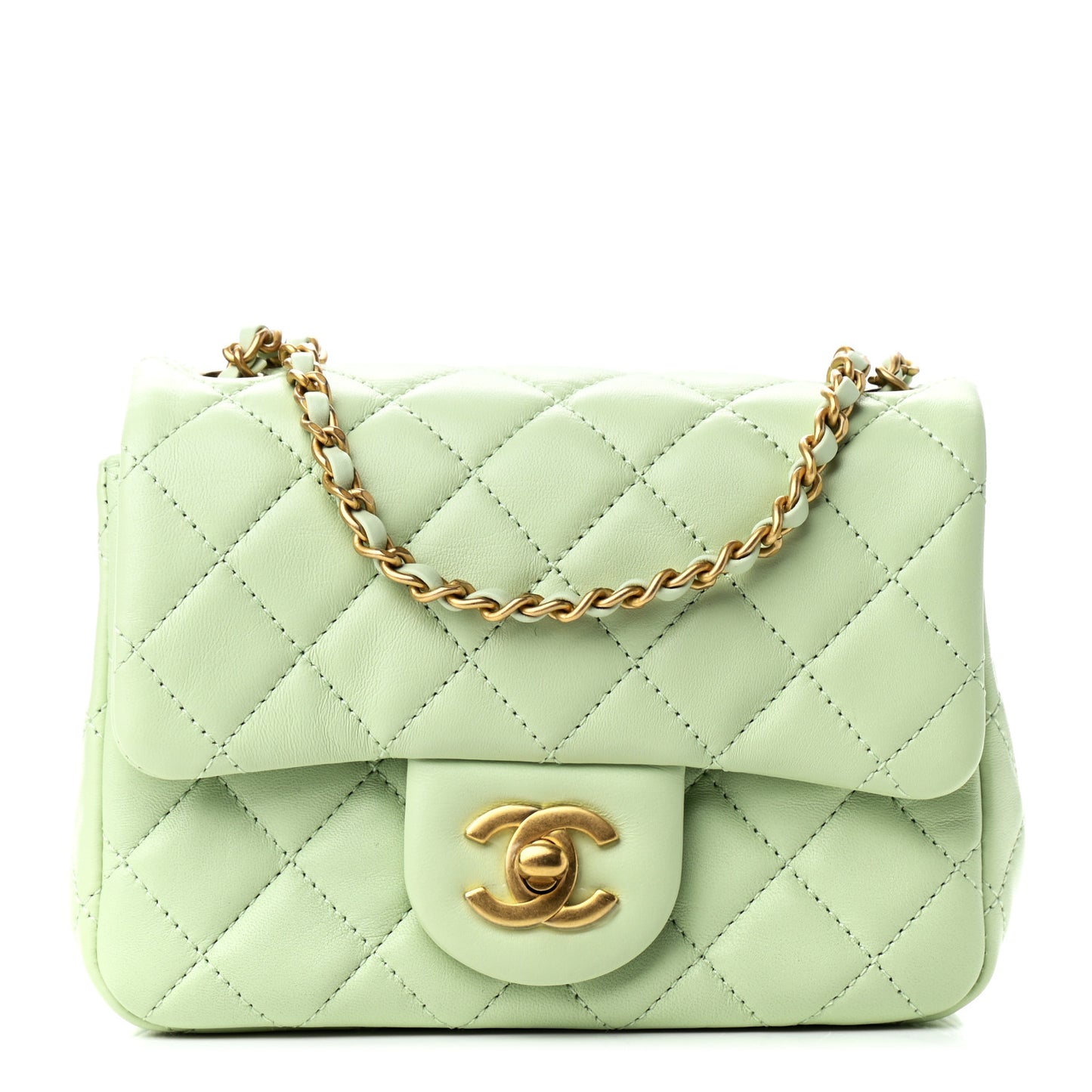 Lambskin Quilted Mini Pearl Crush Flap Light Green