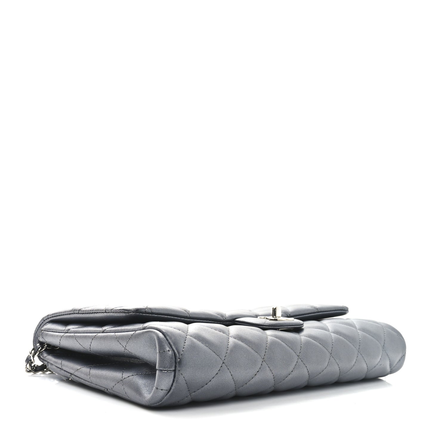 Metallic Lambskin Quilted Clutch With Chain Flap   Dark Grey