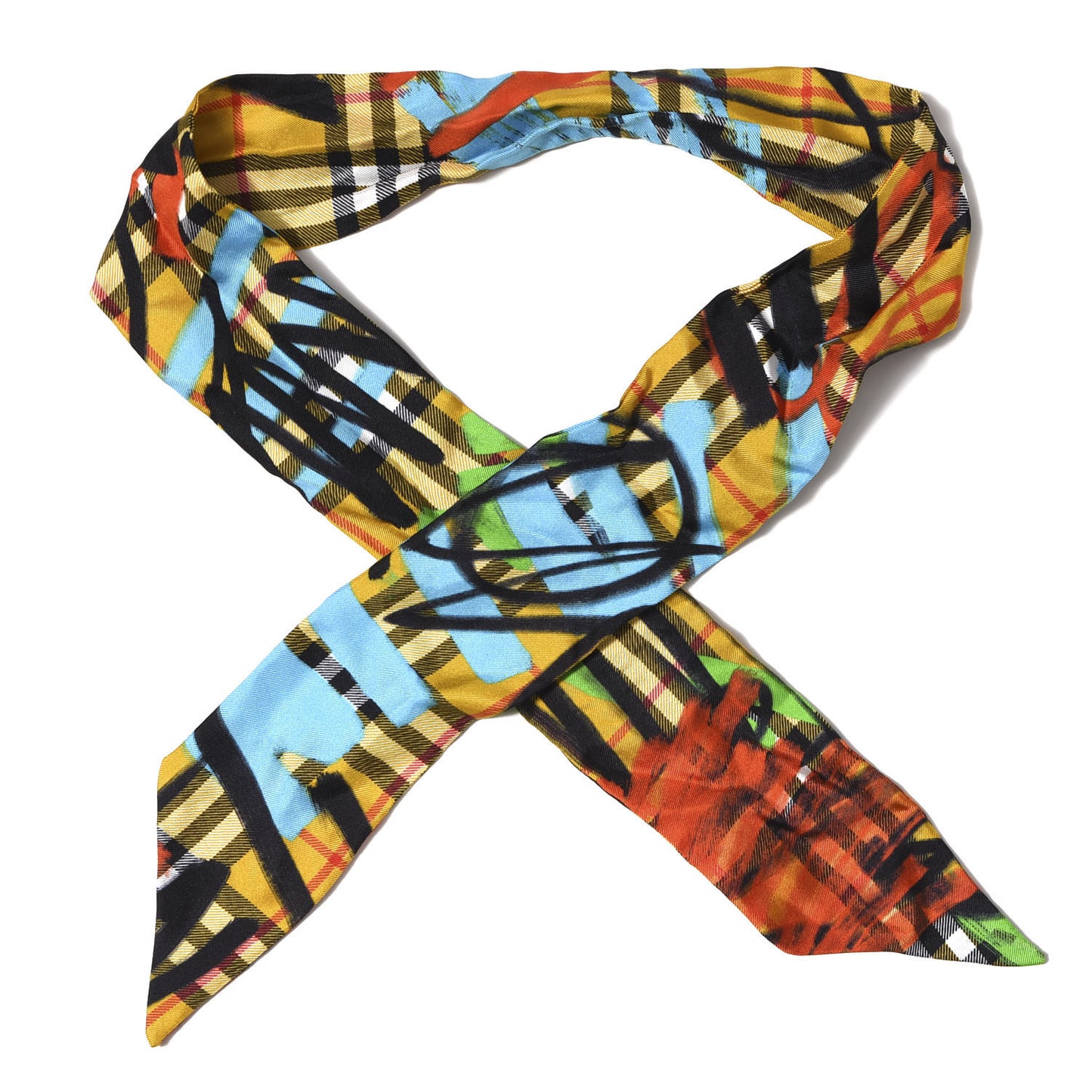 Silk Vintage Check Graffiti Print Skinny Scarf Multicolor