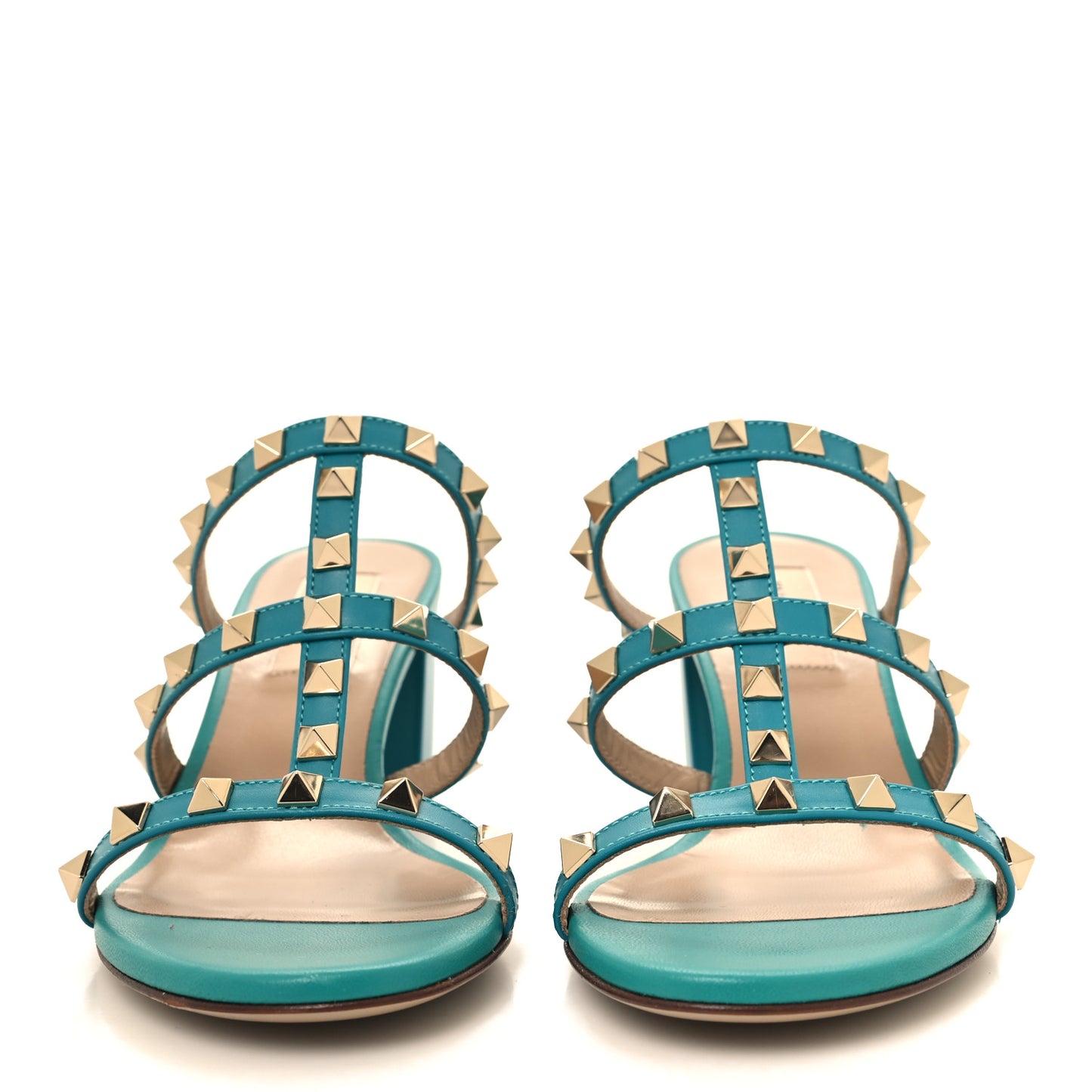 Calfskin Nappa Rockstud 60mm Caged Slide Sandals 36.5 Ultra Marine Green