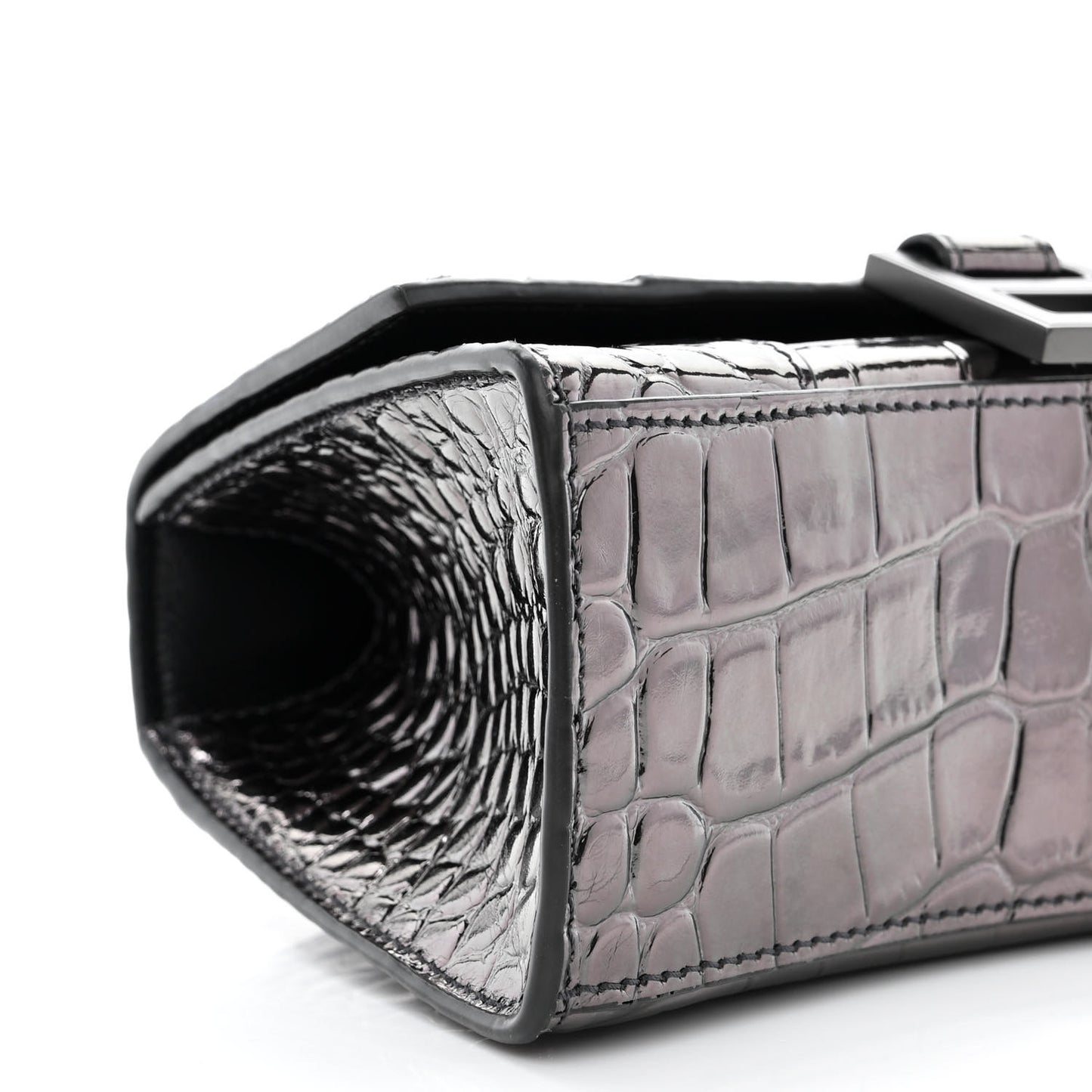 Metallic Shiny Calfskin Crocodile Embossed Hourglass Top Handle Bag XS Gunmetal
