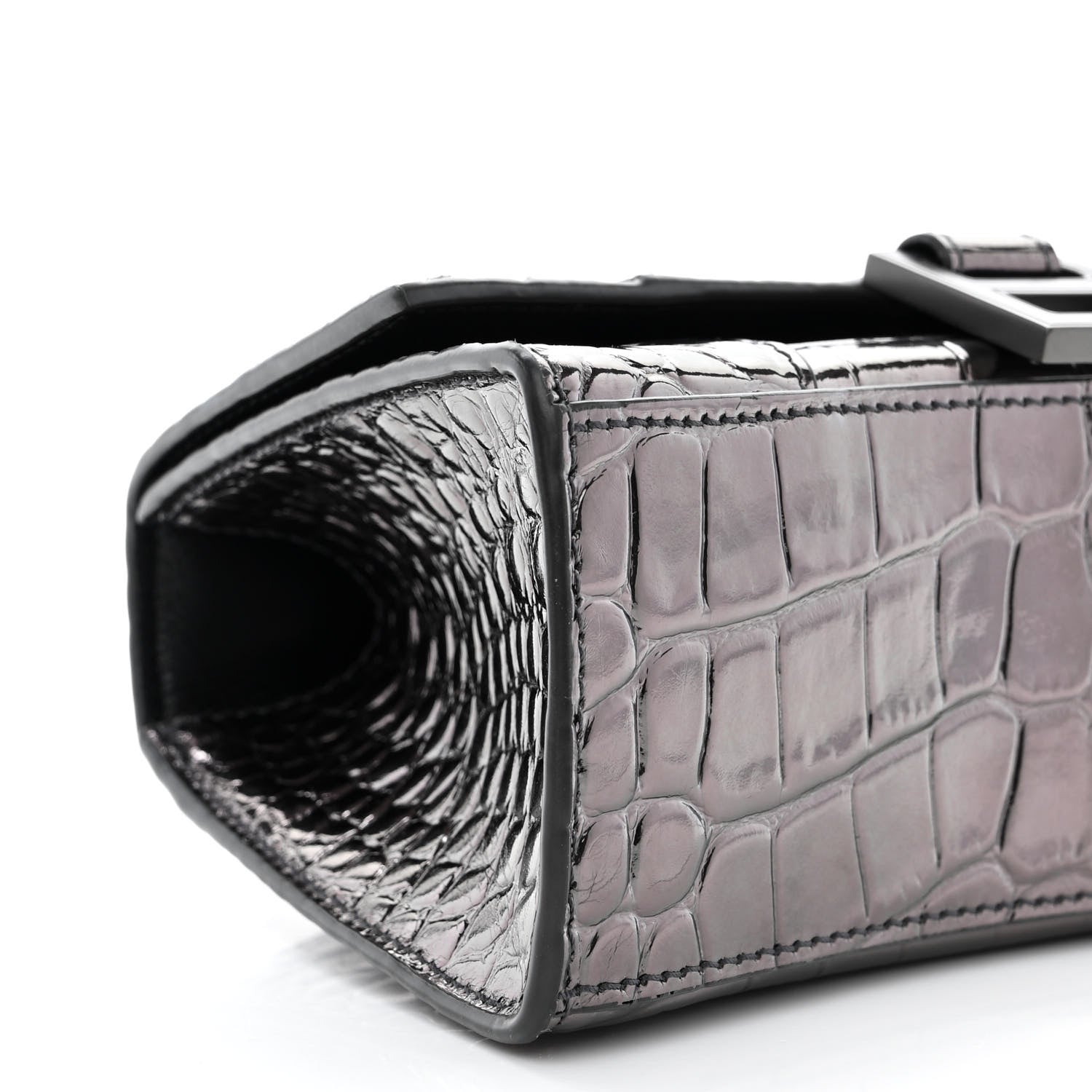 Balenciaga Metallic Shiny Calfskin Crocodile Embossed Hourglass Top Handle Bag XS Gunmetal 12 of 15