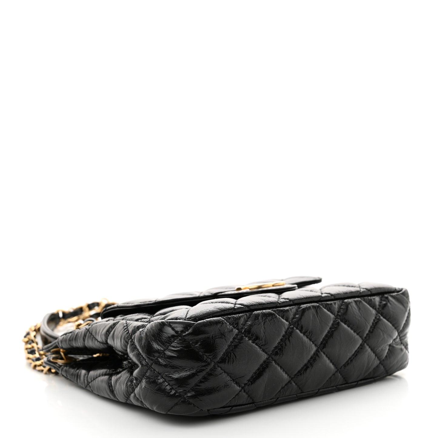 Shiny Crumpled Calfskin Quilted Small Wavy CC Hobo Black