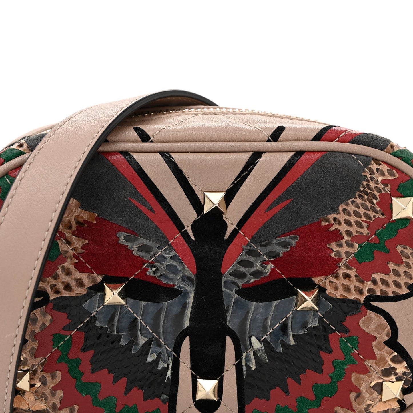 Calfskin Butterfly Embroidered Rockstud Camera Crossbody Bag Poudre