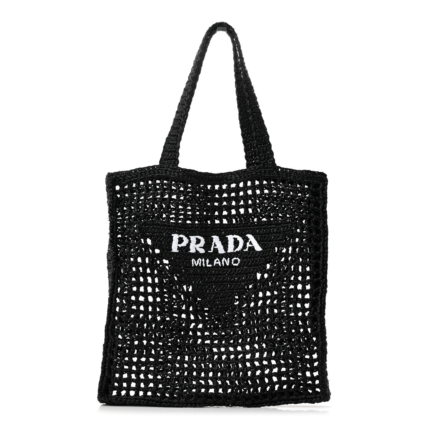 Prada Yarn Raffia Effect Crochet Logo Embroidered Tote Bag Black 1 of 12