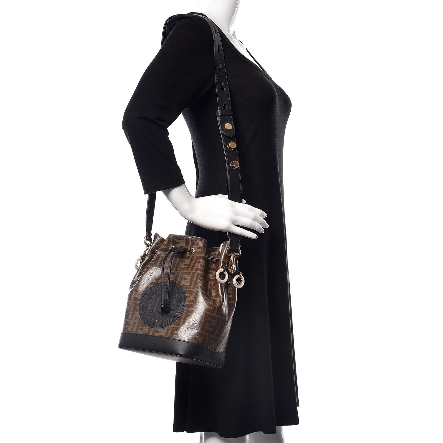 Glazed Fabric Vitello Grace F is Fendi FF 1974 Stamp Patch Grande Mon Tresor Bucket Bag Mogano Panna Black