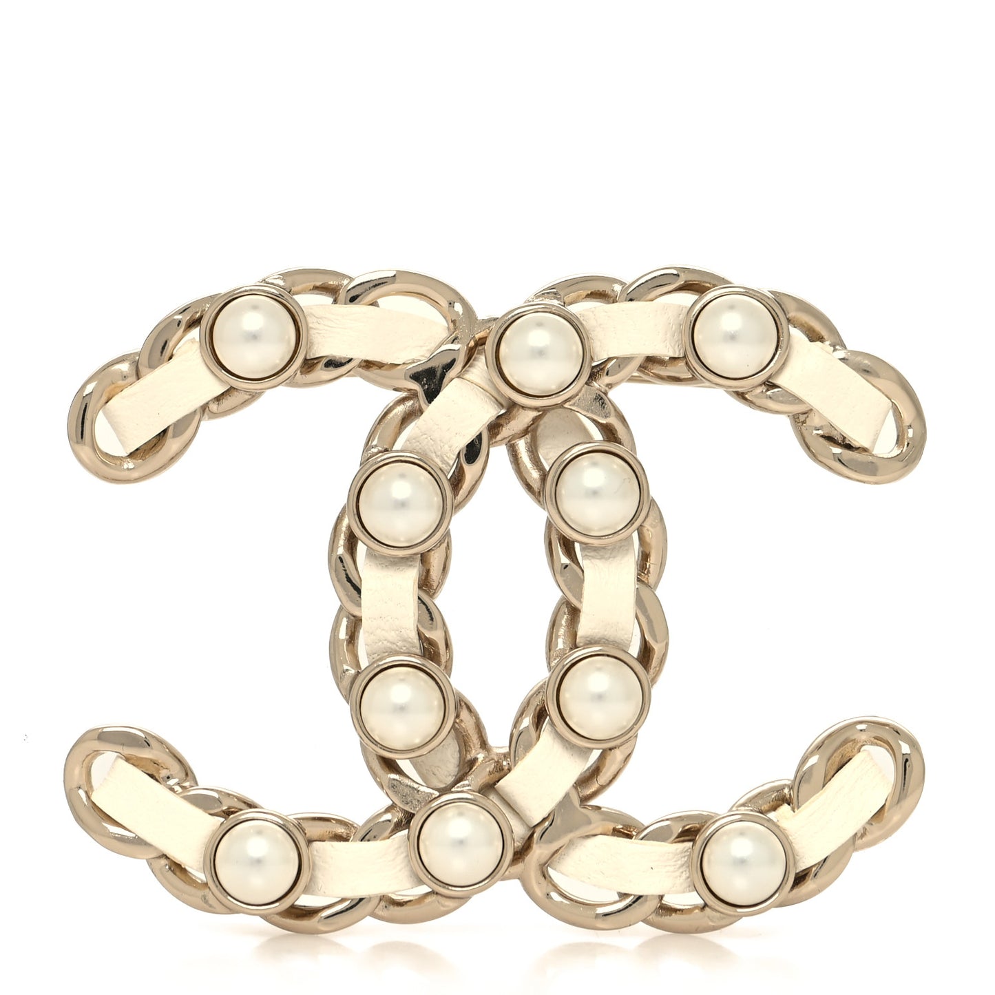 Lambskin Pearl Chain CC Brooch Gold White