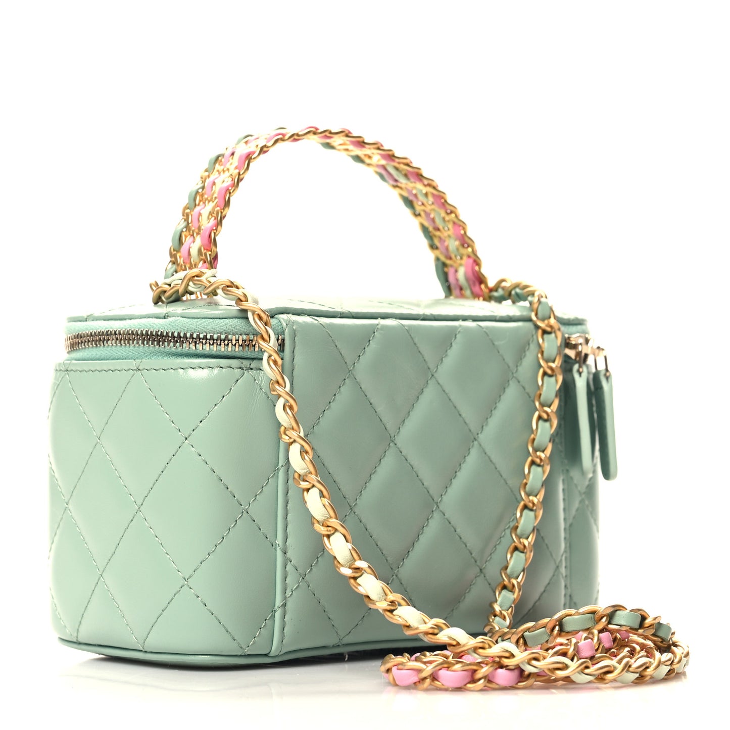 Shiny Calfskin Quilted Small Top Handle Vanity Case With Chain Light Green