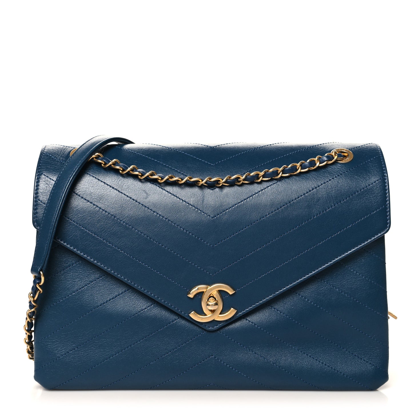 Lambskin Chevron Stitched Large Envelope Flap Blue