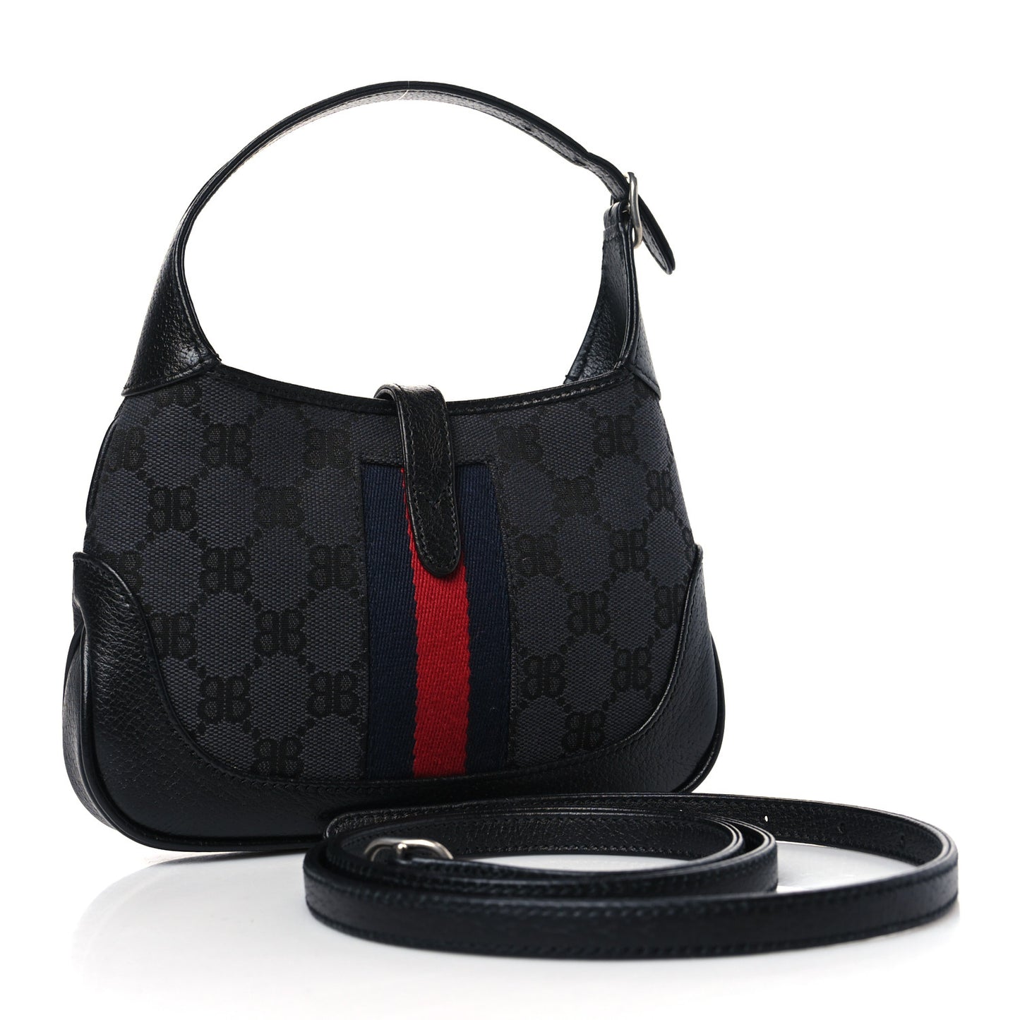 X BALENCIAGA BB Monogram Calfskin Web Mini Jackie 1961 Hobo Black