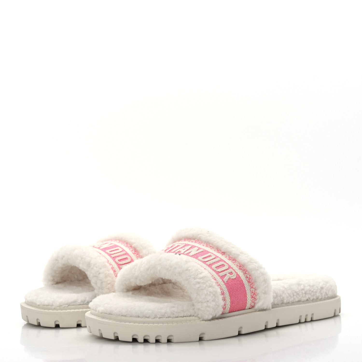 Christian Dior Shearling Canvas Embroidered Dway 10mm Slide Sandals 38 White Pink 3 of 8