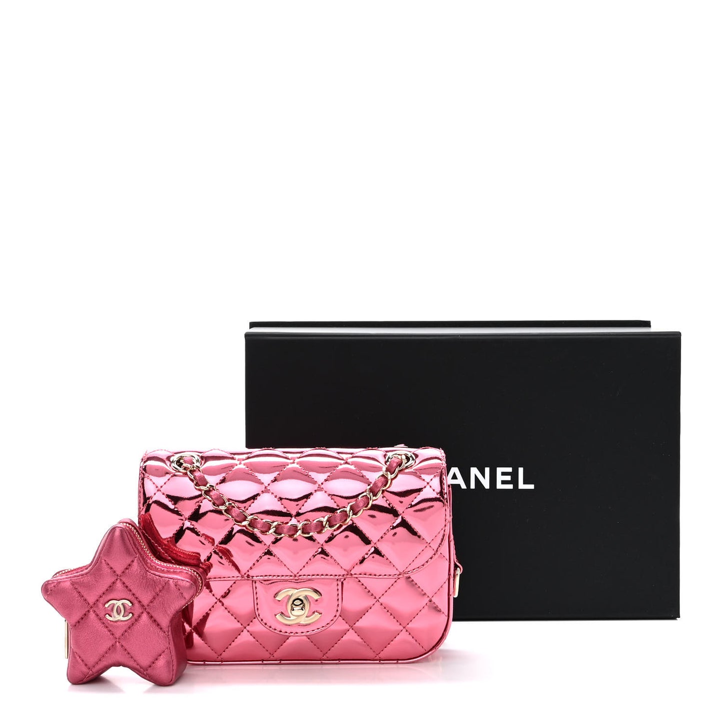 Mirror Calfskin Metallic Lambskin Quilted Hollywood Boulevard Mini Flap With Star Coin Purse Pink