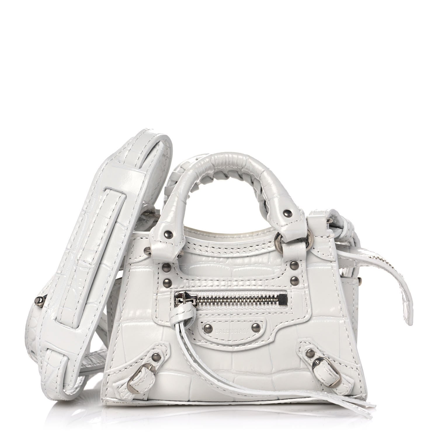 Balenciaga Extra Supple Calfskin Crocodile Embossed Neo Classic Silver Hardware Super Nano City Crossbody White 1 of 11