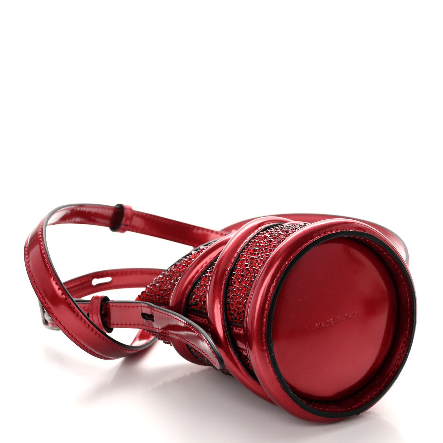 Metallic Calfskin Crystal Micro Curve Bucket Bag Red