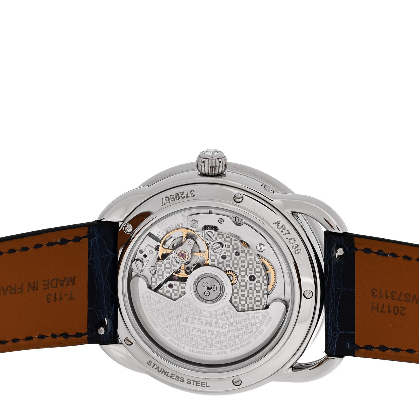 Stainless Steel Alligator Diamond Bezel Blue Mother of Pearl 38mm Arceau Petite Lune Automatic Watch Bleu Saphir