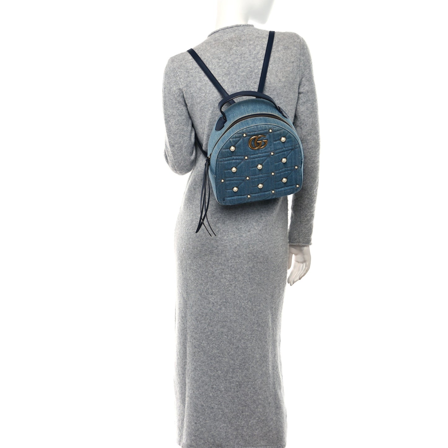 Kura Denim Matelasse Cubic Pearl Studded GG Marmont Dome Backpack Blue