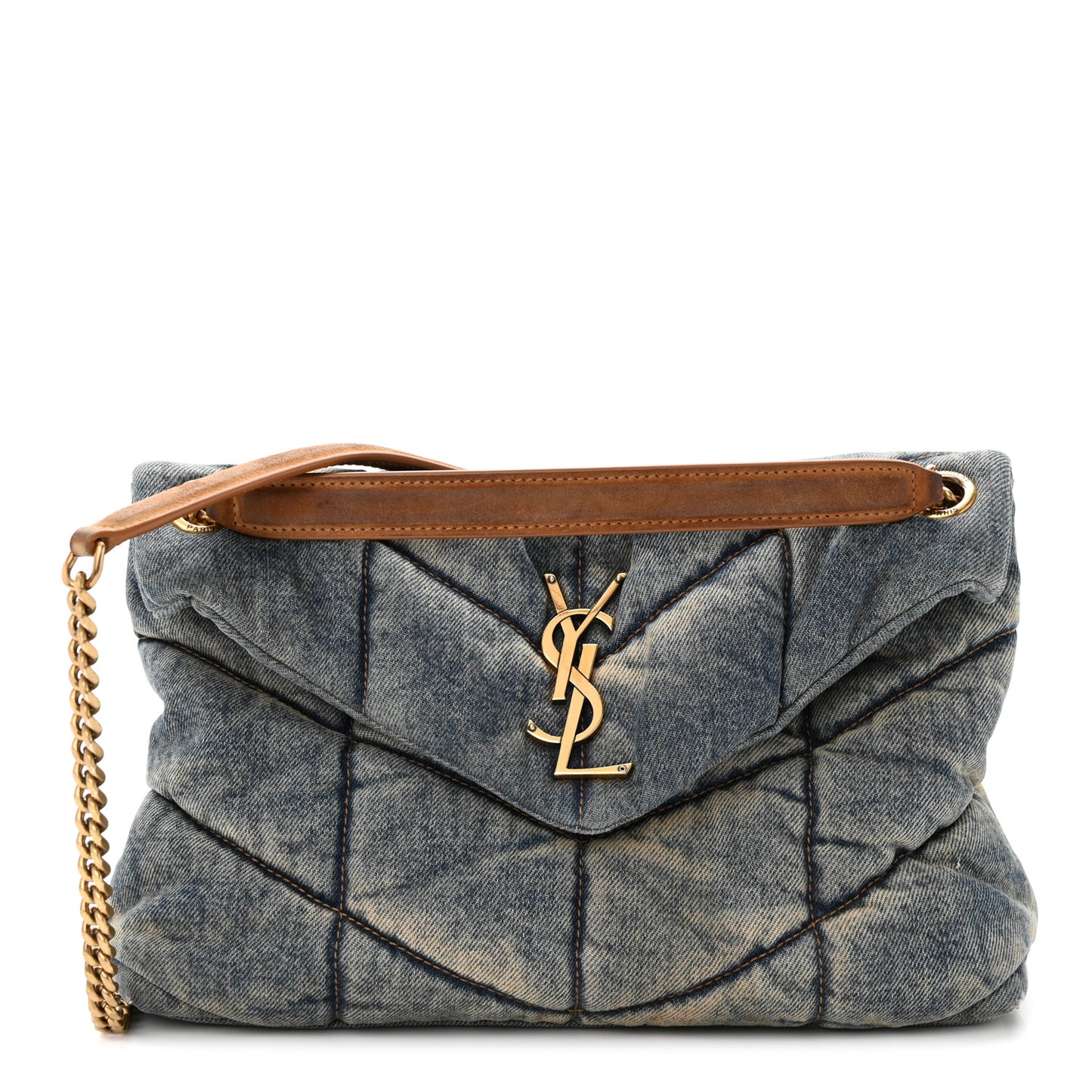Denim Quilted Small Loulou Puffer Monogram Chain Satchel Blue Cinnamon