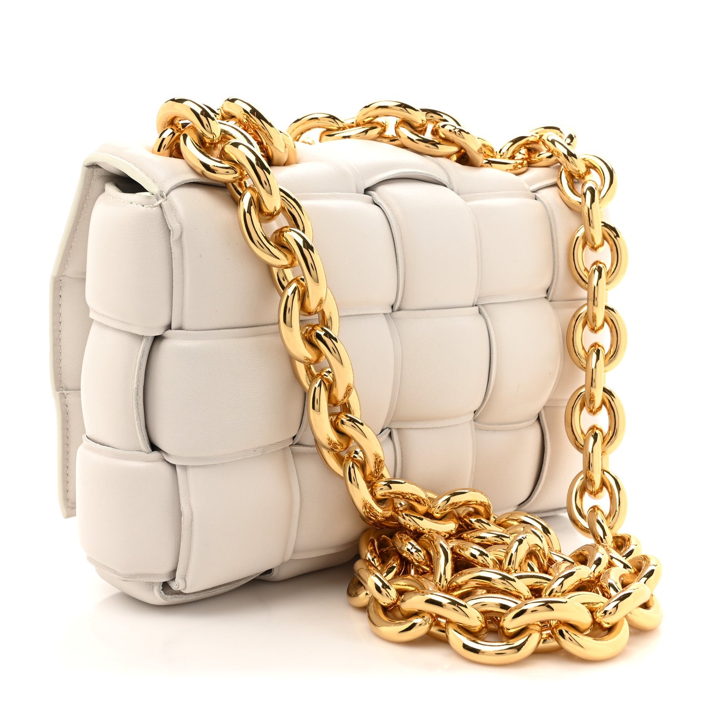 Lambskin Maxi Intreccio Padded Chain Cassette Crossbody Bag White