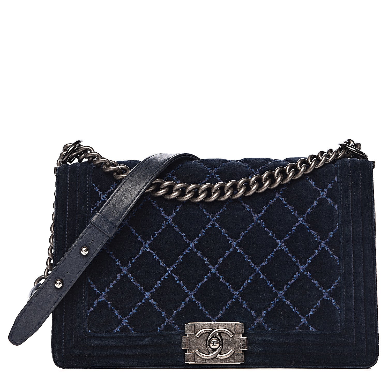 Chanel Velvet Tweed Quilted New Medium Boy Flap Dark Navy Blue 1 of 15
