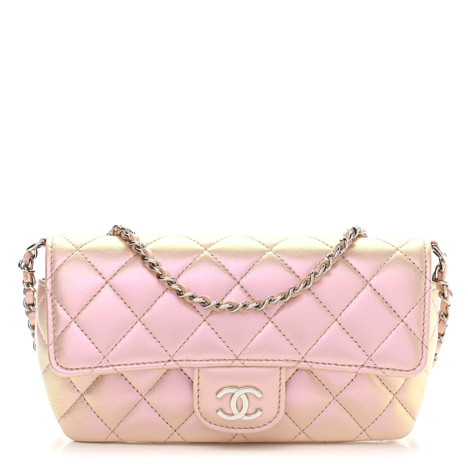 Chanel Iridescent Calfskin Quilted Glasses Case With Chain Pink