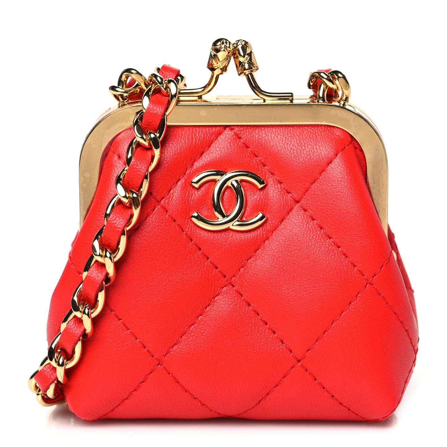 Lambskin Quilted Mini Kiss Lock Clutch With Chain Red