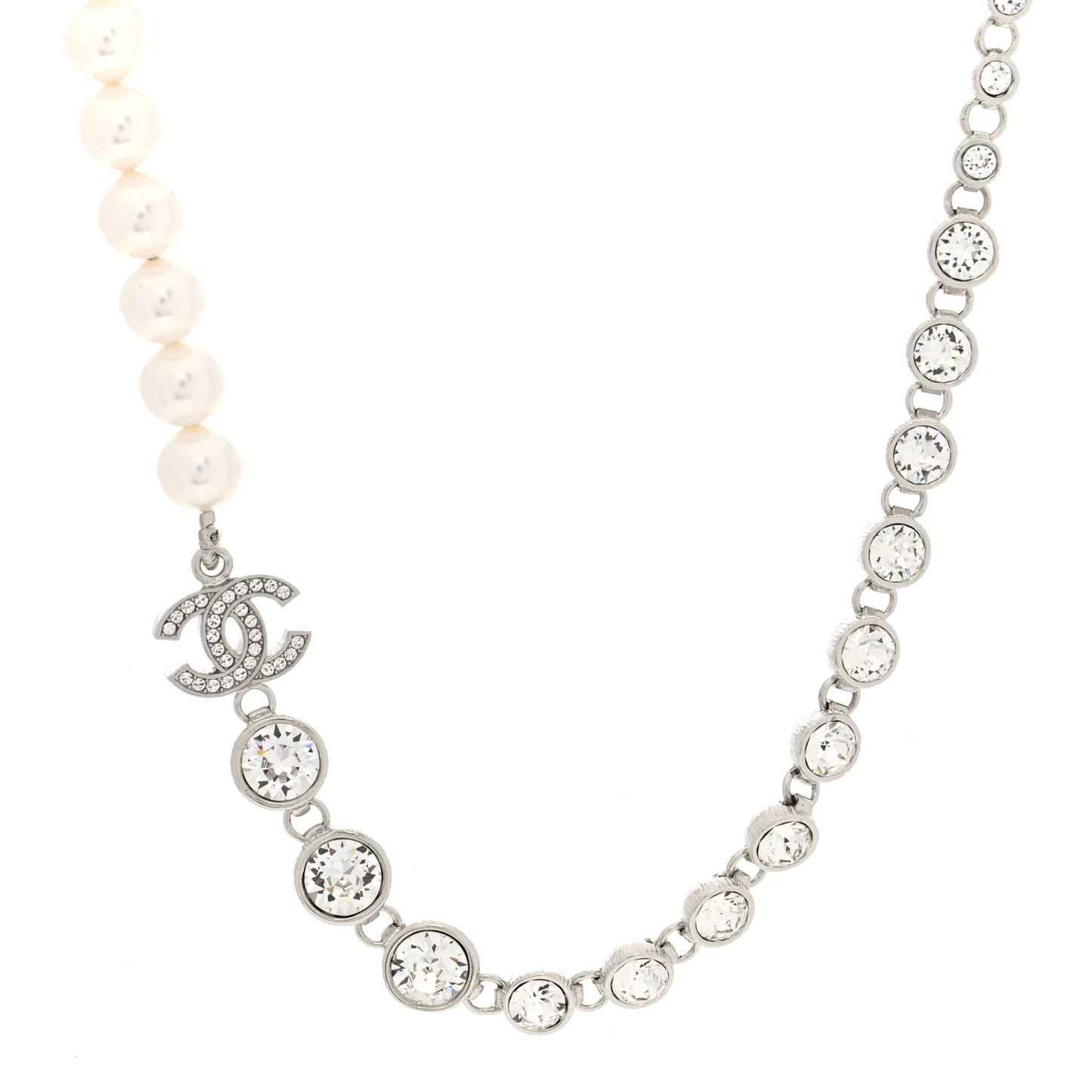 Pearl Crystal CC Choker Necklace Silver
