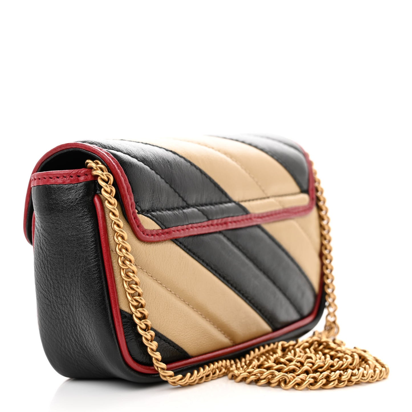 Vintage Effect Calfskin Matelasse Diagonal Striped Super Mini Torchon GG Marmont Shoulder Bag Black Beige