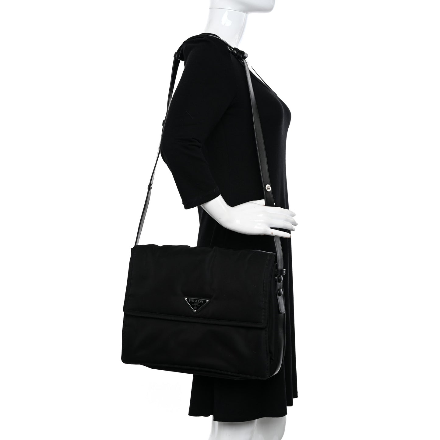 Re-Nylon Vitello Padded Large Flap Shoulder Bag Black