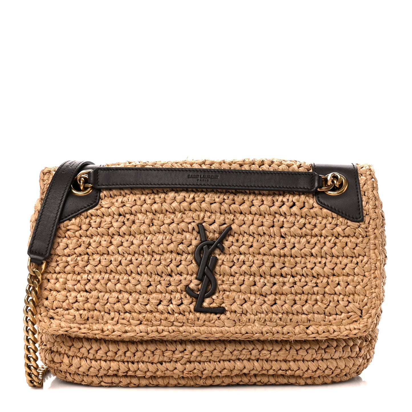 Raffia Calfskin Monogram Medium Niki Chain Satchel Natural